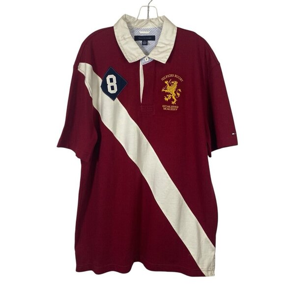 Tommy Hilfiger Rugby Short Sleeve Polo Size XL Big Logo Golf Preppy Y2K Maroon - Picture 1 of 5